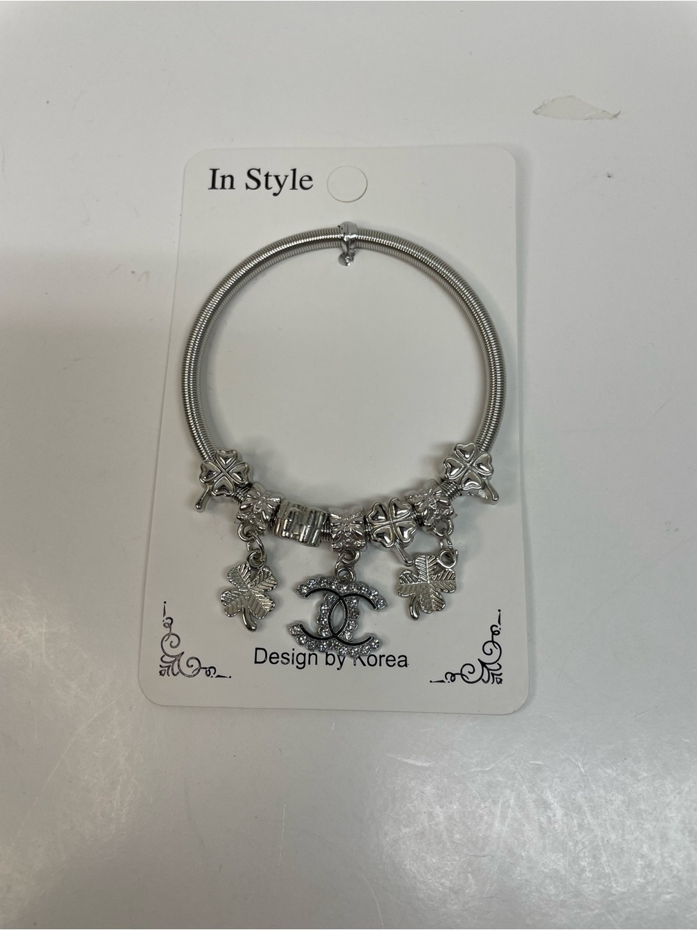 Silver Fashion Charm Bracelet with Clover Charms Stretch NWT